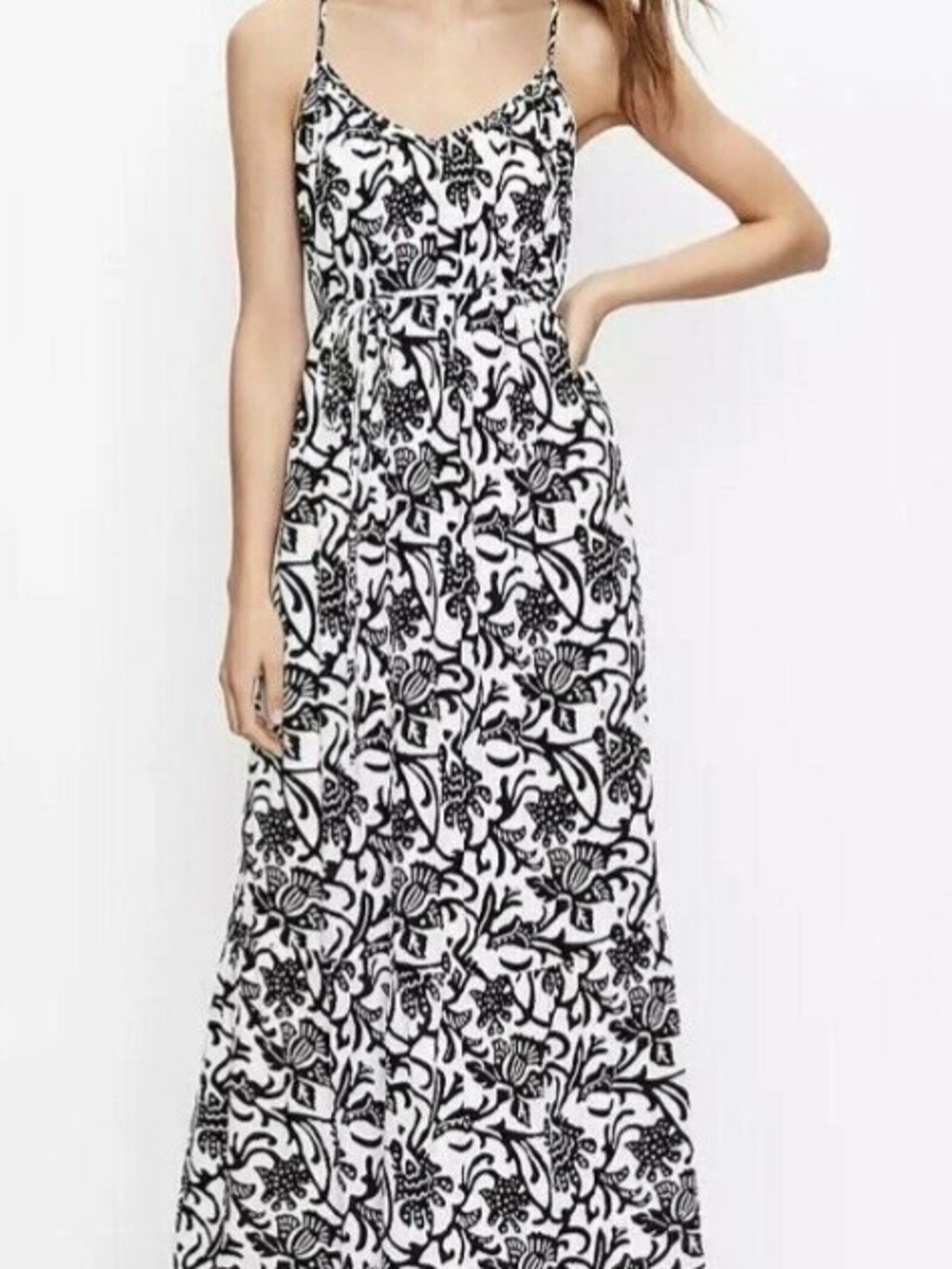 LOFT Vine Strappy Black and White Floral Print Tie-back Flowy Maxi Dress